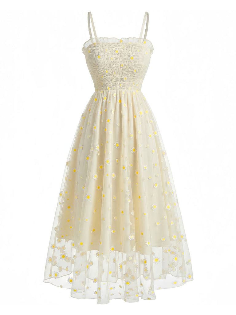 Abito Midi Giallo Chiaro in Tulle con Ricamo Margherite e Arricciatura Anni '50 2