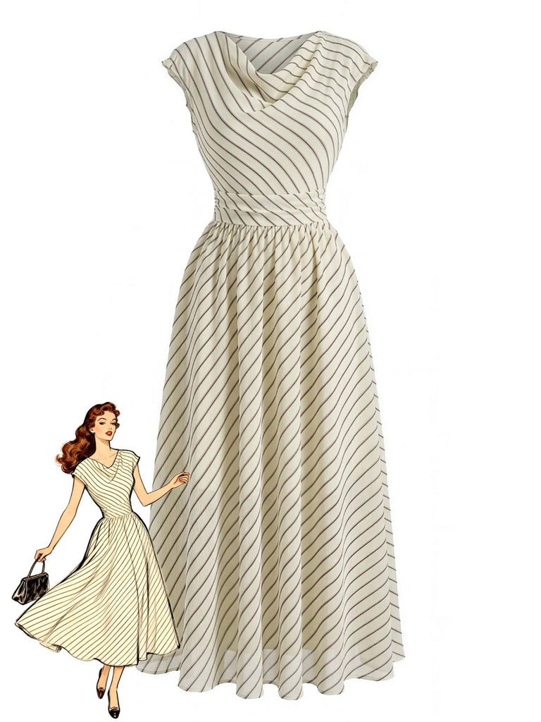 Abito Svasato Beige in Chiffon a Righe con Scollo a Cascata Anni '50