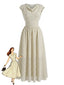 Abito Svasato Beige Anni '50 in Chiffon a Righe con Scollo a Cascata