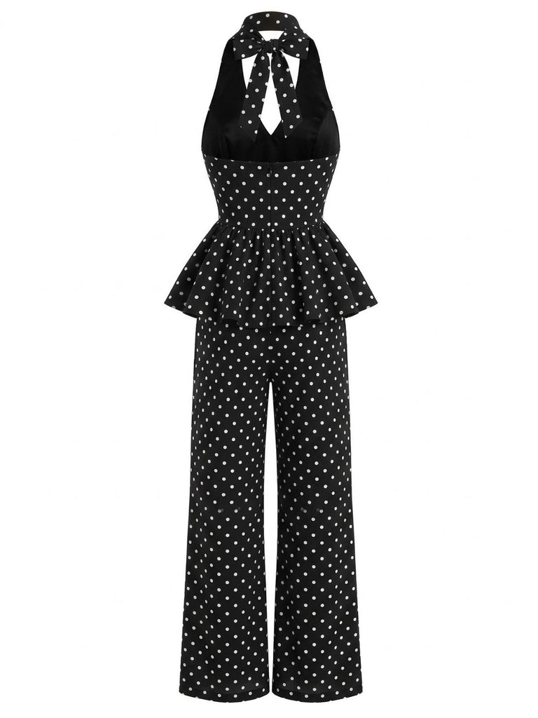 Set 2 Pezzi a Pois Top Peplum Allacciatura al Collo & Pantaloni Gamba Larga Anni '50 5
