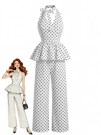 Set 2 Pezzi a Pois Top Peplum Allacciatura al Collo & Pantaloni Gamba Larga Anni '50