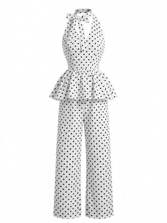 Set 2 Pezzi a Pois Top Peplum Allacciatura al Collo & Pantaloni Gamba Larga Anni '50 2