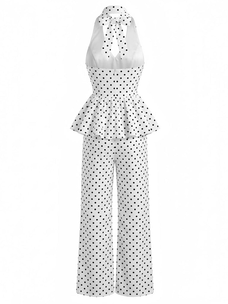 Set 2 Pezzi a Pois Top Peplum Allacciatura al Collo & Pantaloni Gamba Larga Anni '50 3