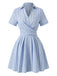 Abito Blu Anni '50 a Righe Verticali con Colletto Johnny Incrociato