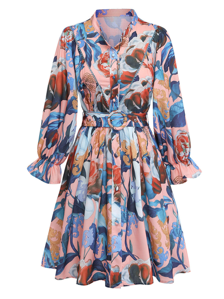 Abito con Colletto e Cintura a Fiori con Maniche a Lanterna Anni '70 2