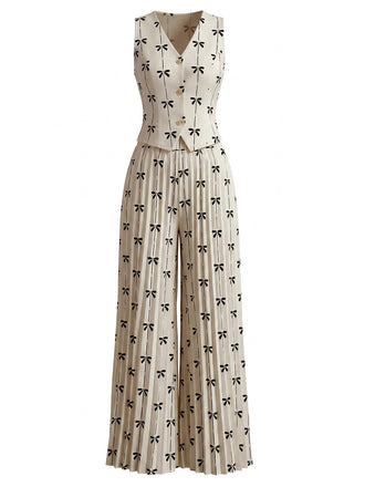 2PCS Gilet Beige Senza Maniche con Fiocco e Pantaloni Plissettati Anni '40 2