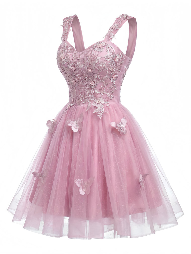 Miniabito Homecoming rosa anni '60 in tulle glitterato con farfalle
