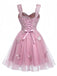 Miniabito Homecoming rosa anni '60 in tulle glitterato con farfalle