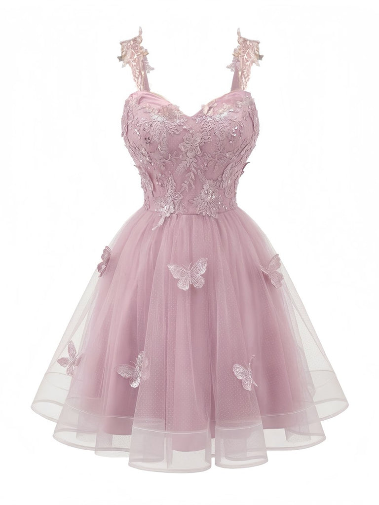 Miniabito Homecoming rosa anni '60 in tulle glitterato con farfalle