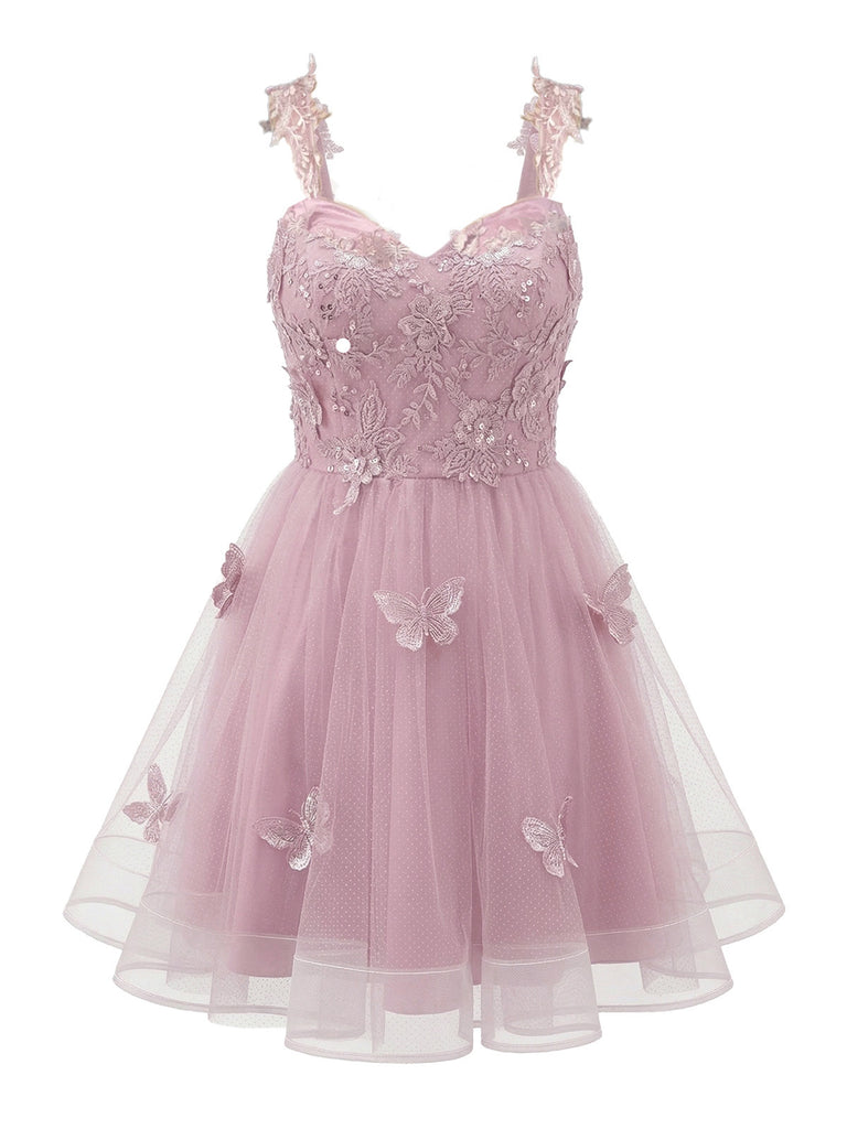 [Prevendita] Miniabito Homecoming rosa anni '60 in tulle glitterato con farfalle