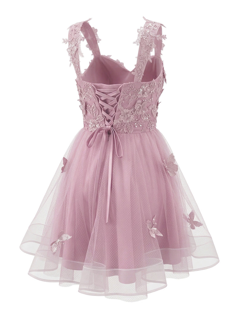 [Prevendita] Miniabito Homecoming rosa anni '60 in tulle glitterato con farfalle