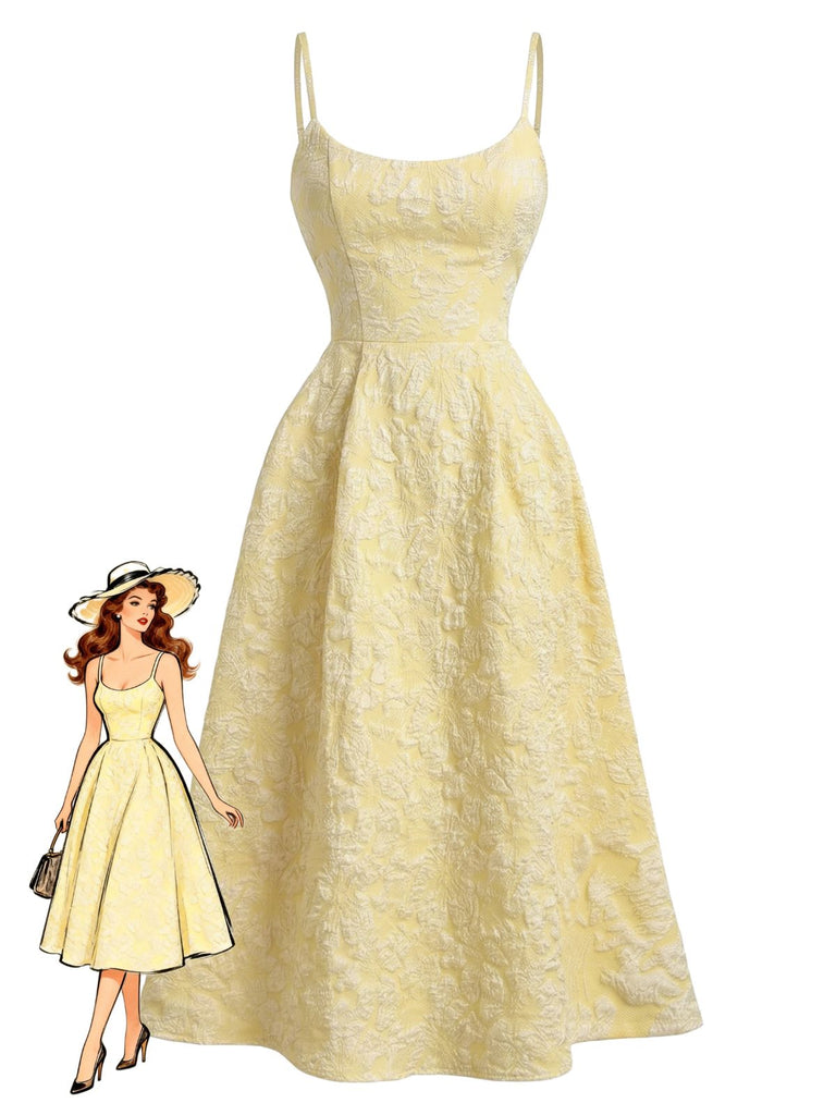 Floreale Jacquard Textured Spaghetti con Bretelle Abito Midi Giallo Anni '50