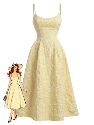 Floreale Jacquard Textured Spaghetti con Bretelle Abito Midi Giallo Anni '50