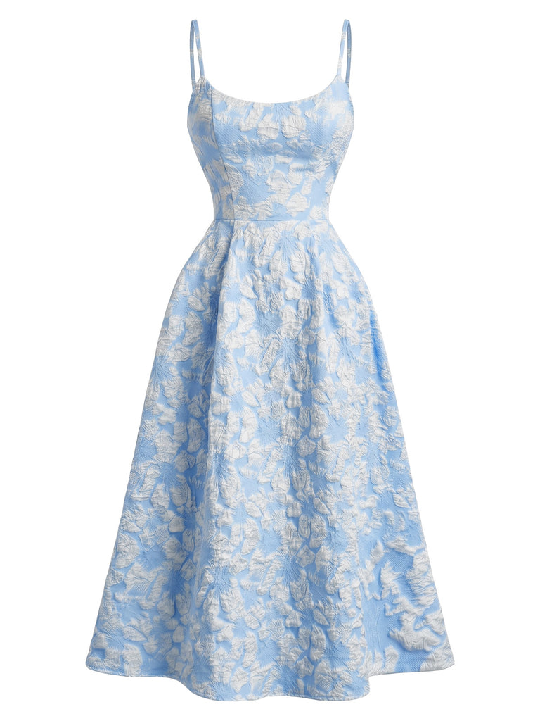 Abito Midi Giallo Anni '50 con Jacquard Floreale Testurizzato