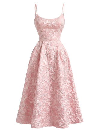 Abito Midi Rosa Anni '50 con Jacquard Floreale Testurizzato