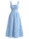 Abito Blu con Scollo Quadrato Vita Impero e Jacquard Arricciato Anni '40 4