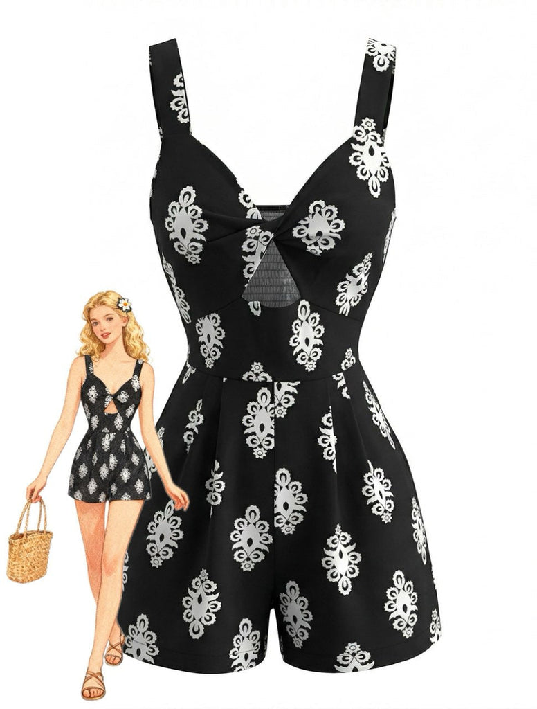 Tuta Corta Nera con Cut-Out e Intreccio Frontale Anni '50