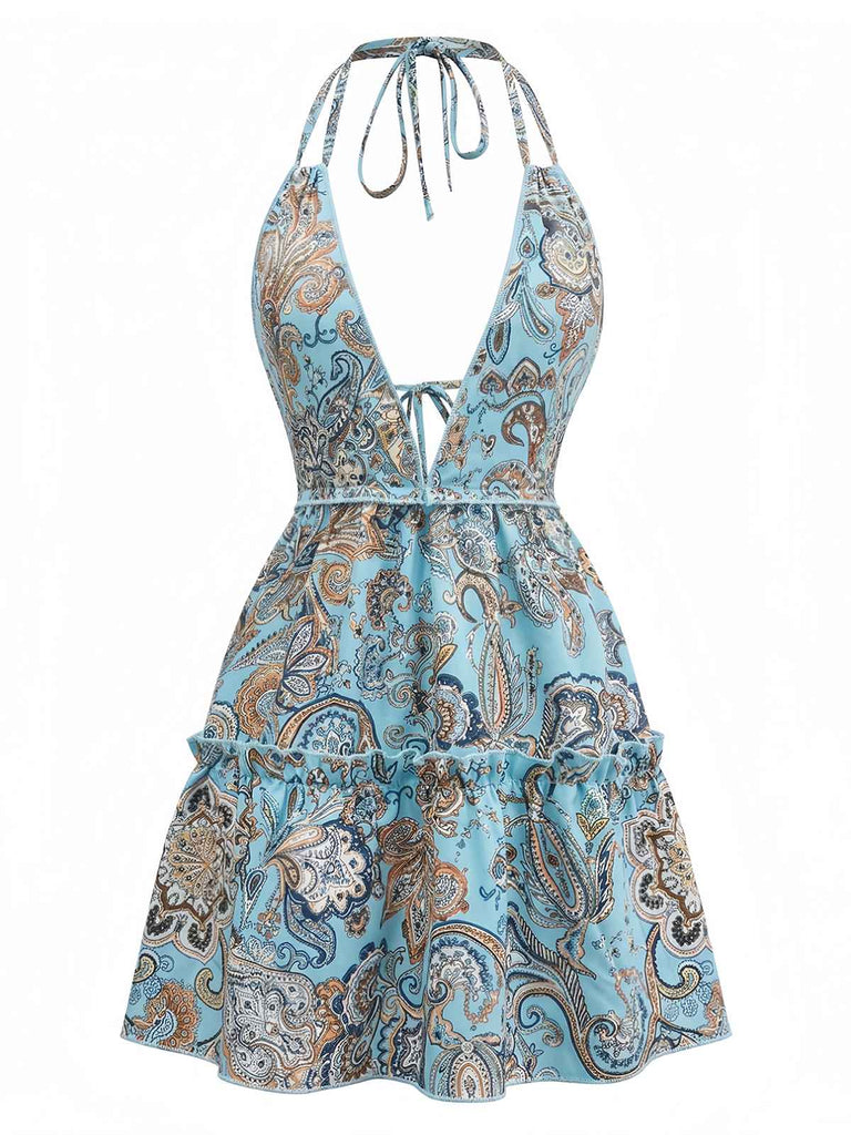 Abito Bohemien Paisley Halter Scollo a V Profondo Schiena Scoperta Mini Anni '70 2