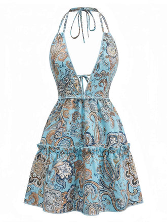 Abito Bohemien Paisley Halter Scollo a V Profondo Schiena Scoperta Mini Anni '70 2