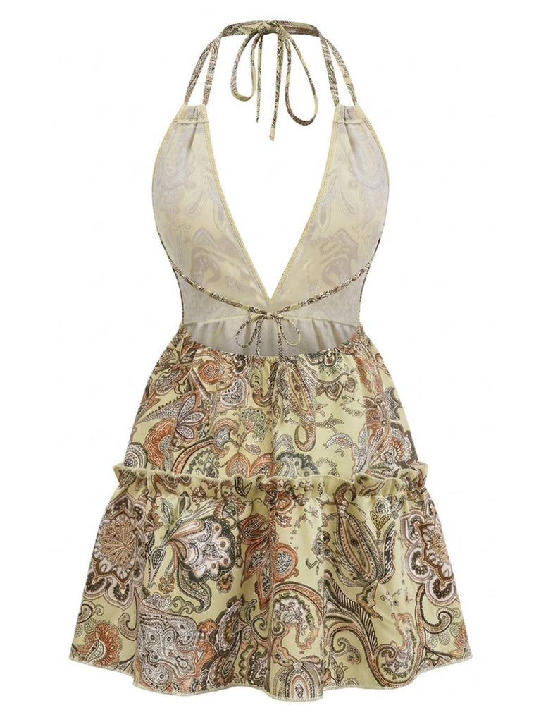 Abito Bohemien Paisley Halter Scollo a V Profondo Schiena Scoperta Mini Anni '70 5