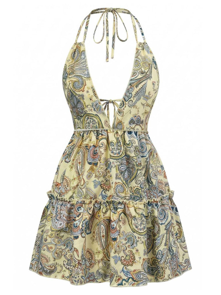 Abito Bohemien Paisley Halter Scollo a V Profondo Schiena Scoperta Mini Anni '70 4