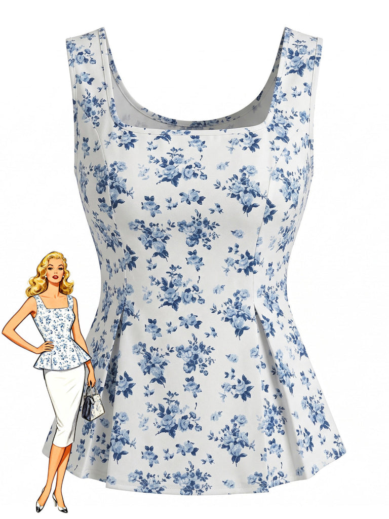Top Peplum Blu Stampa Floreale Scollo Quadrato Senza Maniche Anni '50