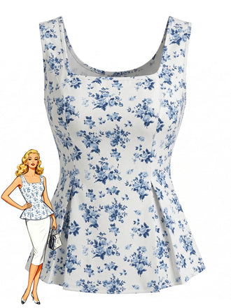 Top Peplum Blu Stampa Floreale Scollo Quadrato Senza Maniche Anni '50