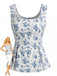 Top Peplum Blu Stampa Floreale Scollo Quadrato Senza Maniche Anni '50