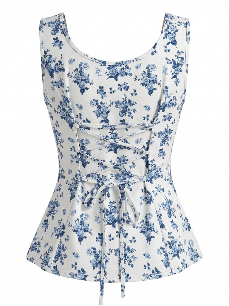 Top Peplum Blu Stampa Floreale Scollo Quadrato Senza Maniche Anni '50 3