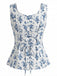 Top Peplum Blu Stampa Floreale Scollo Quadrato Senza Maniche Anni '50 3