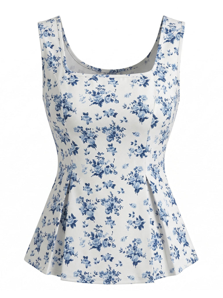 Top Peplum Blu Stampa Floreale Scollo Quadrato Senza Maniche Anni '50 2