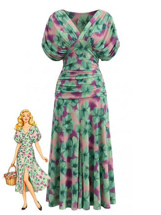 Abito Floreale Scollo a V Smock Waist - Verde Anni '40