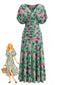 Abito Verde Anni '40 Floreale Scollo a V con Vita a Smock