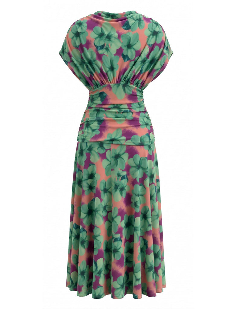 Abito Floreale Scollo a V Smock Waist - Verde Anni '40 3
