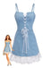 Abito a Corsetto con Spalline Sottili in Denim con Bordo in Pizzo Blu Anni '80