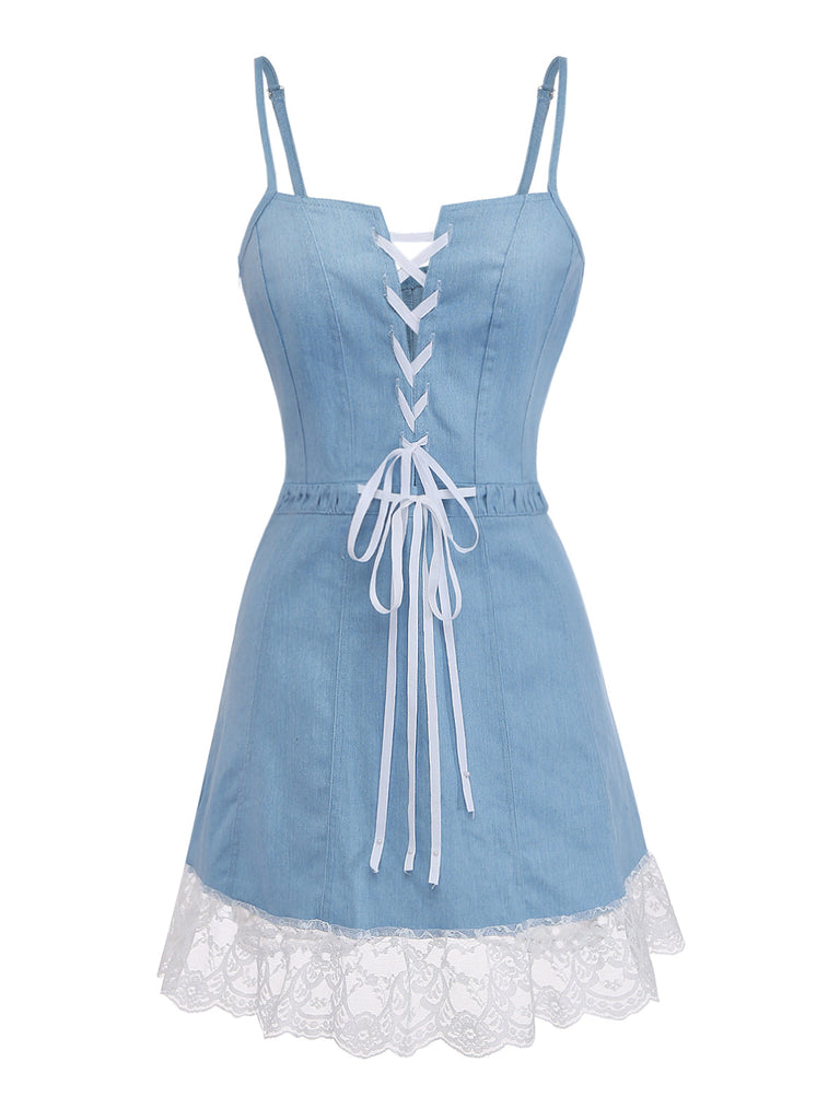 Abito a Corsetto con Spalline Sottili in Denim con Bordo in Pizzo Blu Anni '80 2