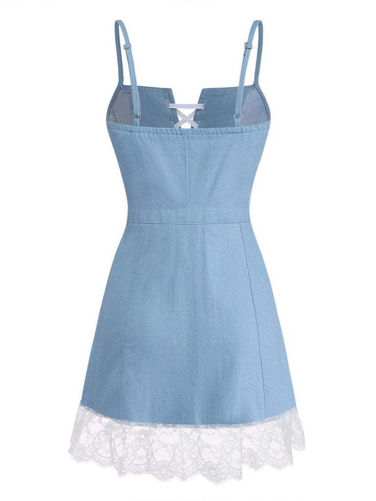 Abito a Corsetto con Spalline Sottili in Denim con Bordo in Pizzo Blu Anni '80 3