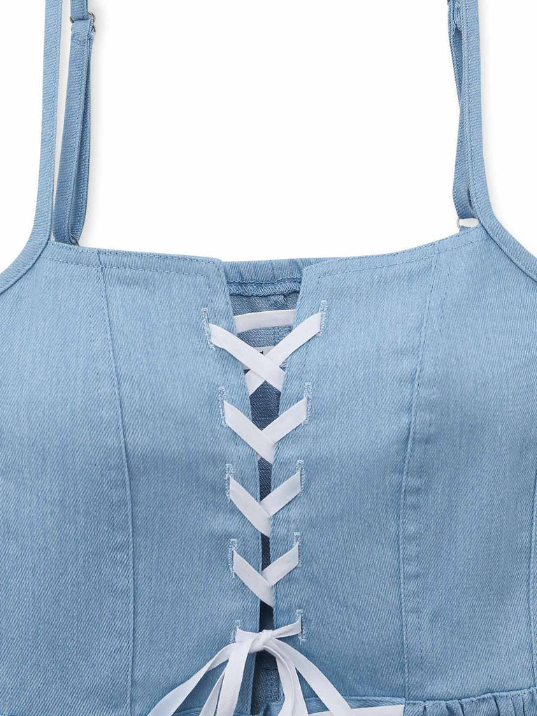 Abito a Corsetto con Spalline Sottili in Denim con Bordo in Pizzo Blu Anni '80 4