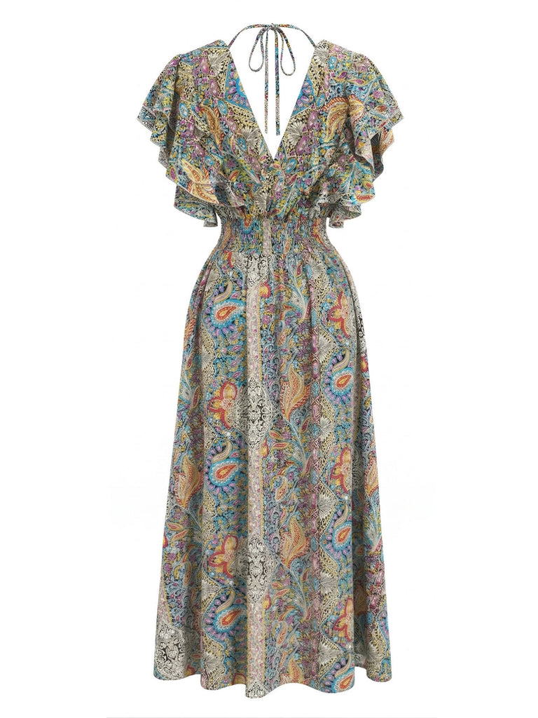 Abito Multicolore Bohemien con Manica a Volant Arricciato Anni '70 2