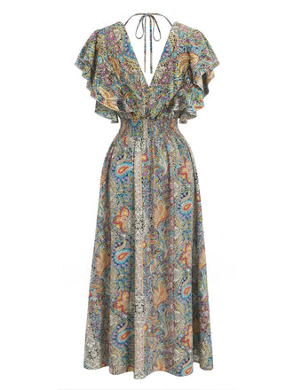 Abito Multicolore Bohemien con Manica a Volant Arricciato Anni '70 2