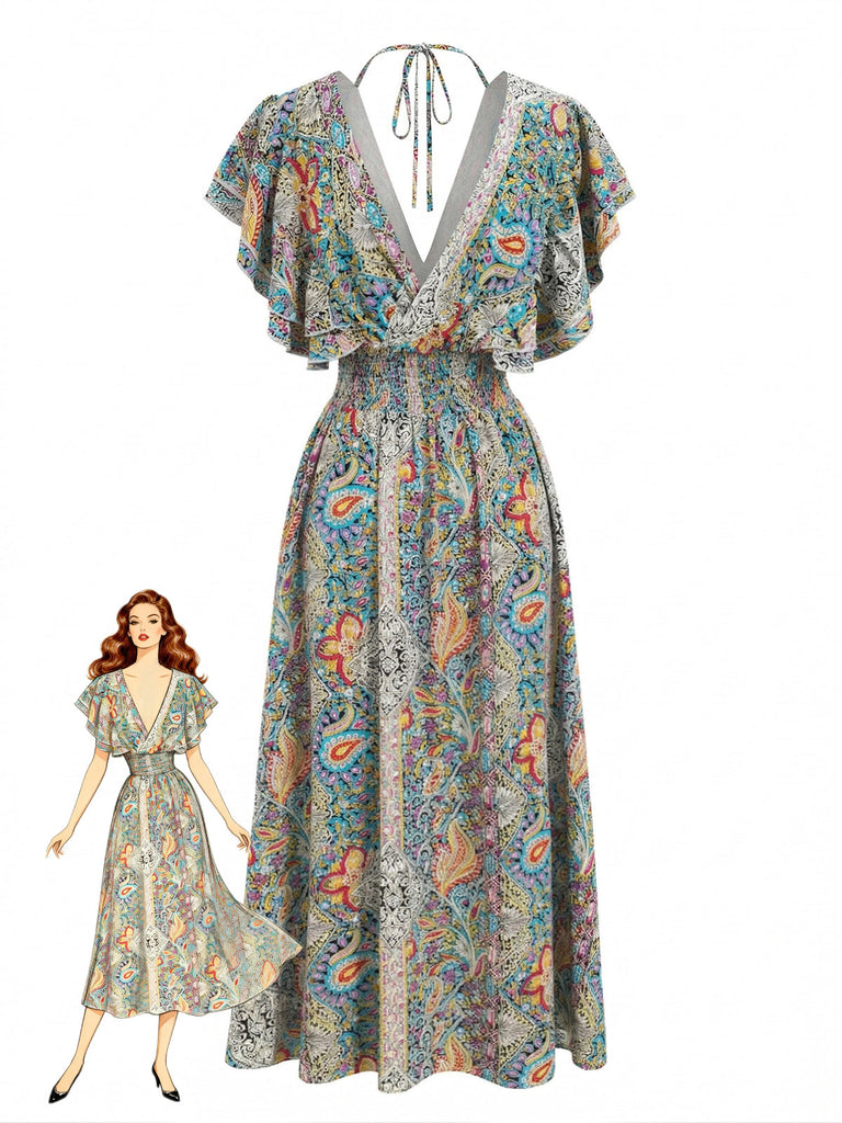 Abito Multicolore Bohemien con Manica a Volant Arricciato Anni '70