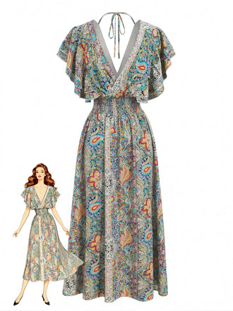 Abito Multicolore Bohemien con Manica a Volant Arricciato Anni '70