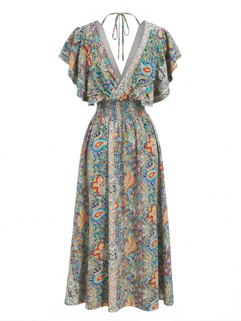 Abito Multicolore Bohemien con Manica a Volant Arricciato Anni '70 3