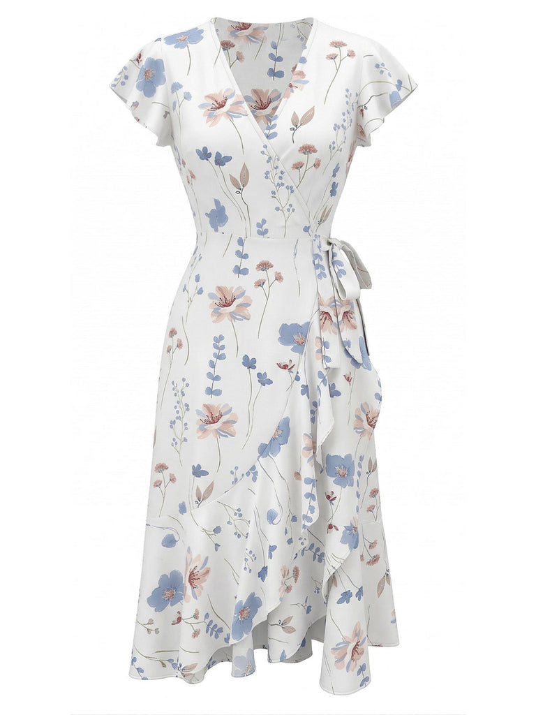 Abito a Portafoglio con Scollo a V con Maniche a Farfalla Floreale Bianco Anni '40 2