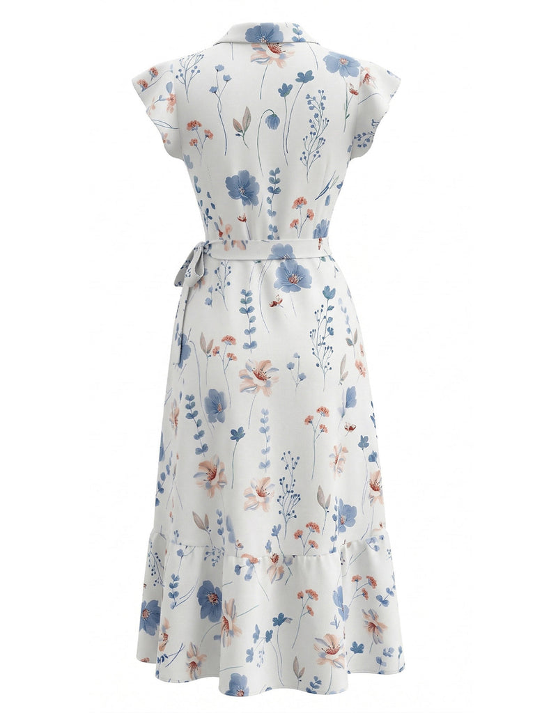 Abito a Portafoglio con Scollo a V con Maniche a Farfalla Floreale Bianco Anni '40 3