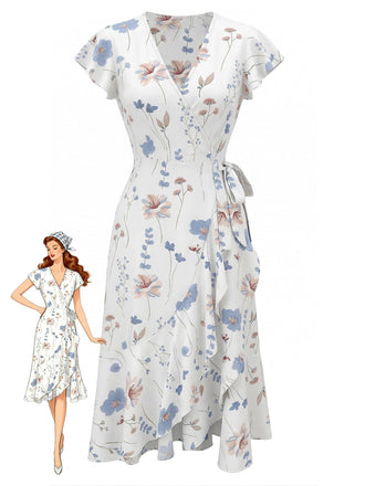 Abito a Portafoglio con Scollo a V con Maniche a Farfalla Floreale Bianco Anni '40