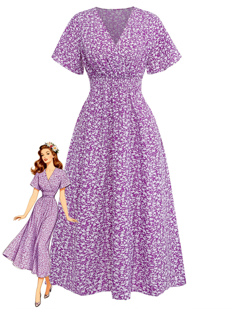 Abito a Piccoli Fiori Floreale Short Sleeves Fitted Midi - Viola Anni '40