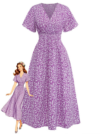 Abito a Piccoli Fiori Floreale Short Sleeves Fitted Midi - Viola Anni '40