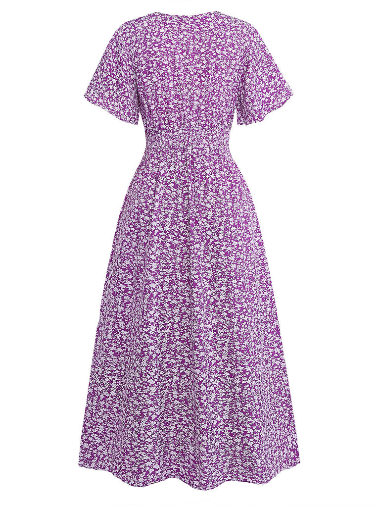 Abito a Piccoli Fiori Floreale Short Sleeves Fitted Midi - Viola Anni '40 3