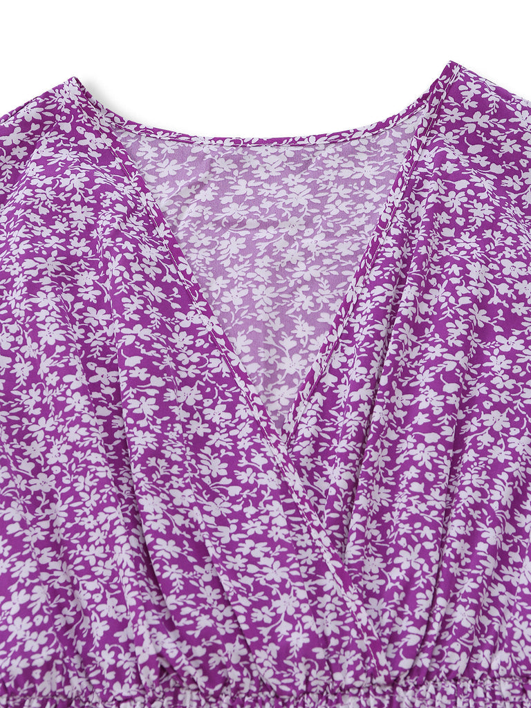Abito a Piccoli Fiori Floreale Short Sleeves Fitted Midi - Viola Anni '40 5